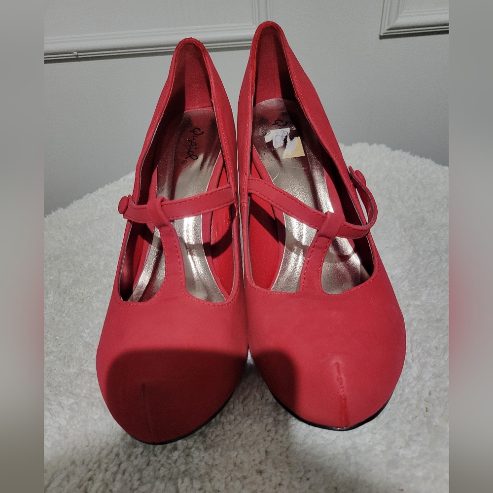 Quiped red suede stiletto pump ankle strap heel